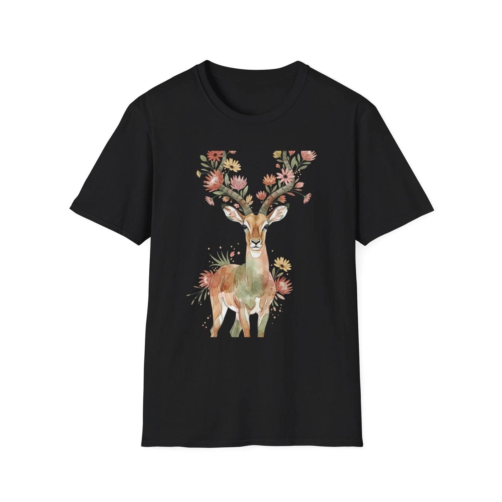 

Deer Floral Watercolor Boho Black Tee Nature Aesthetic Graphic T-Shirt 2XL