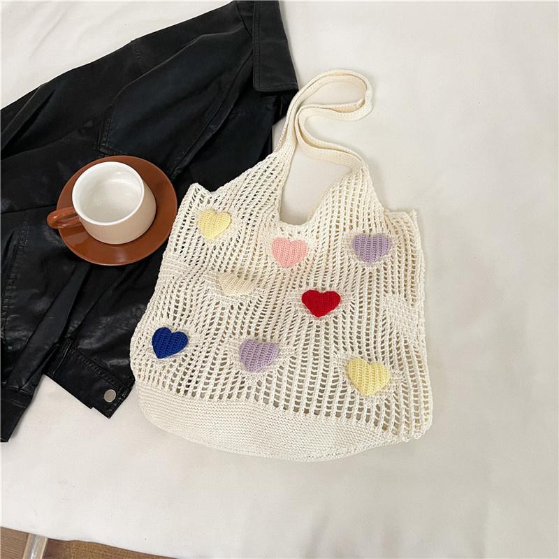 Hollow Out Lover Heart Thread Woven Bag Beach Handbag Tote Bag Beach Bag Large Capacity Bohemian Style Shoulder Bag Girls CLE