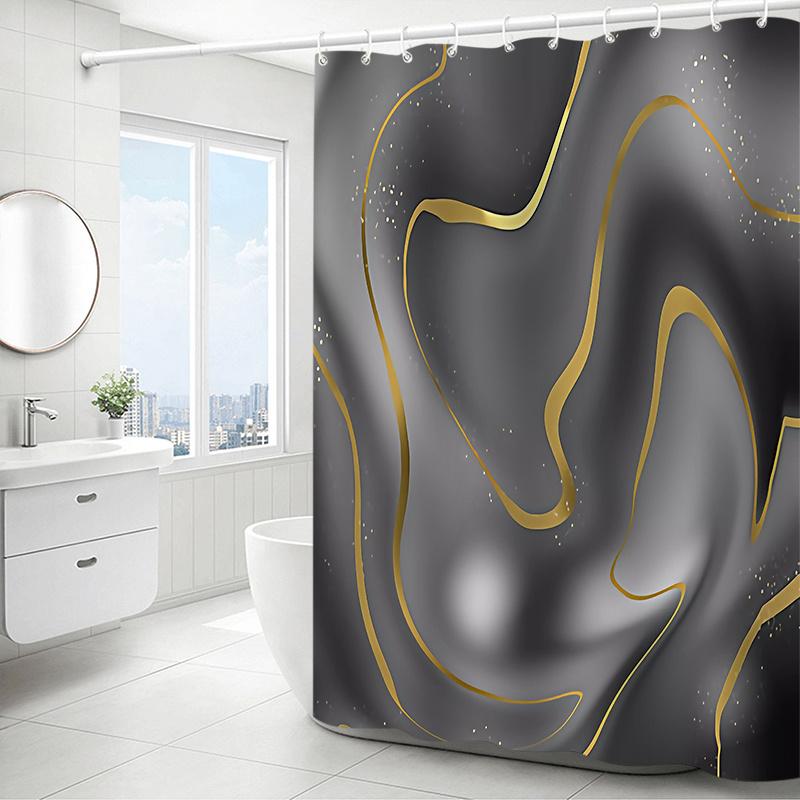 1 Stück schwarzer und goldener Duschvorhang mit abstraktem Muster, Polyesterstoff, maschinenwaschbar, geeignet für Badezimmerdekoration