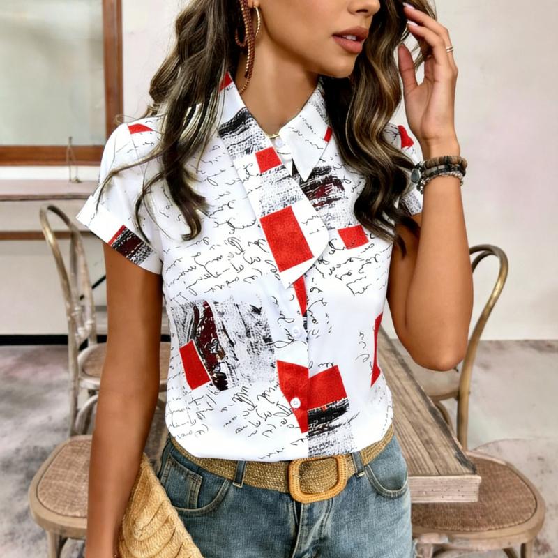 2026 New Printed Collared Women's Shirt Short Sleeve Casual Summer Top