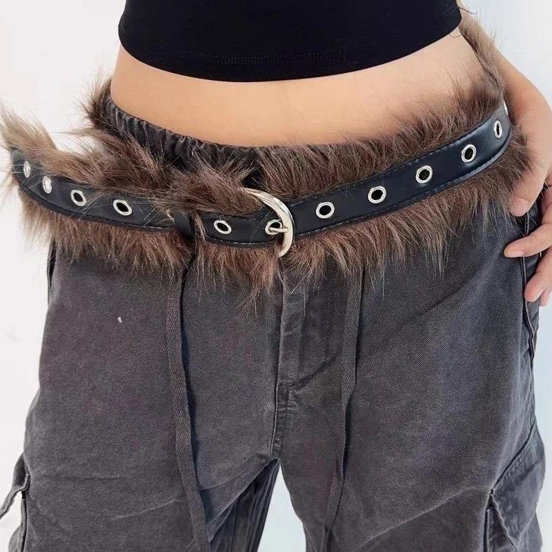Punk PU Studded Fur Belt Y2k Vintage Faux Fur Rhinestone Patchwork Belt Metal Plush Waist Chain Furry Waistband Jeans Belts