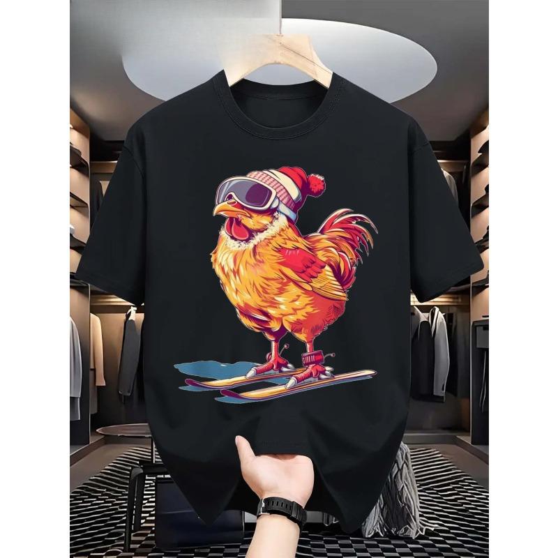 Men's Vintage Ski Chicken Graphic T-Shirt - Cotton Soft Breathable Loose Fit Crew Neck Tee with Funny Cartoon Chicken & Skis Design