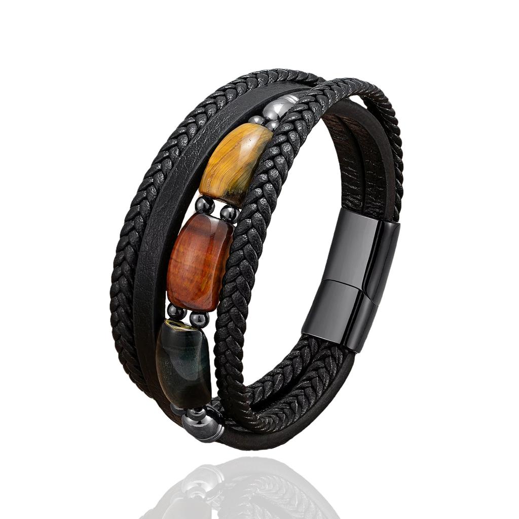 2026 Tiger's Eye Stone Bracelet European and American Men's Woven Leather Multi-layer Hand Rope Retro Jewelry
