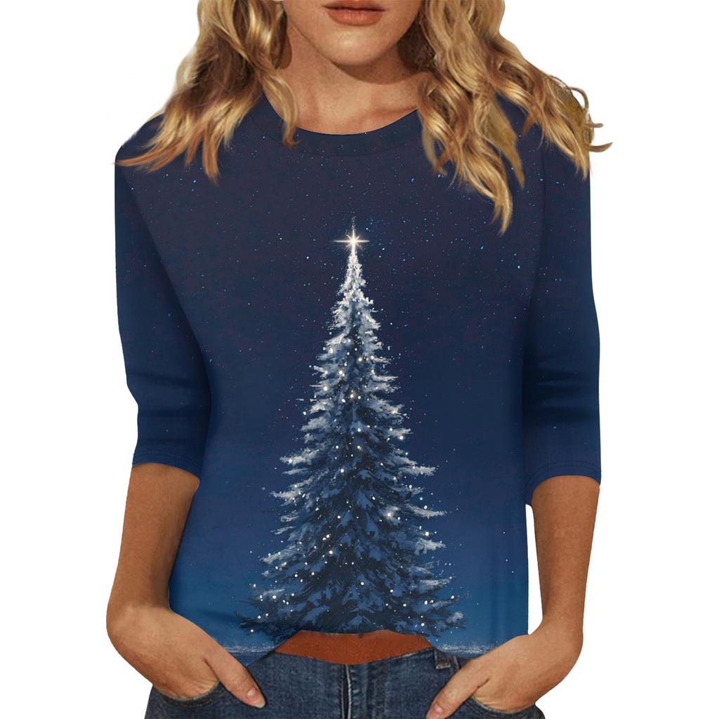 Top de damă cu decolteu O cu mâneci 3/4 cu imprimeu de Crăciun