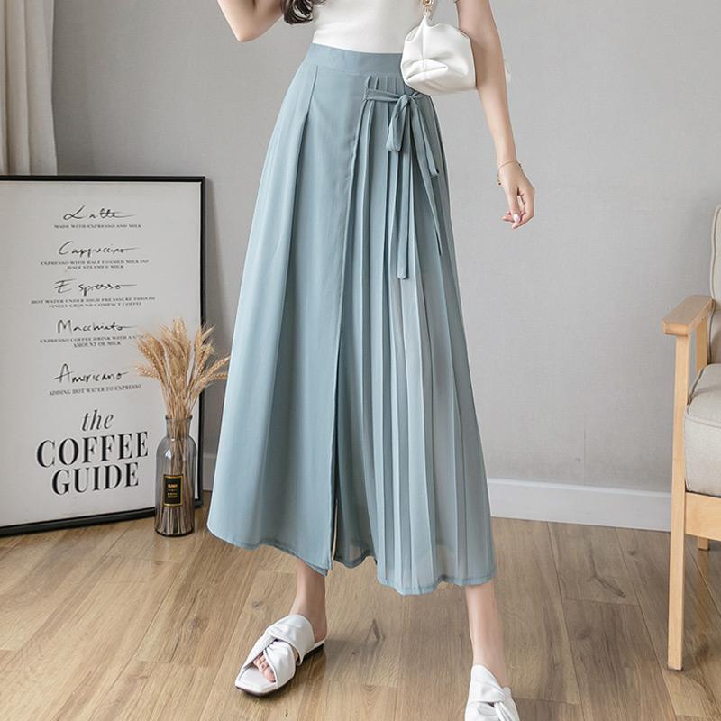 

Корейские элегантные брюки с высокой талией, широкие брюки, свободные шифоновые брюки, женские летние брюки 2021 года, повседневные брюки-кюлоты, женские большие размеры S синий