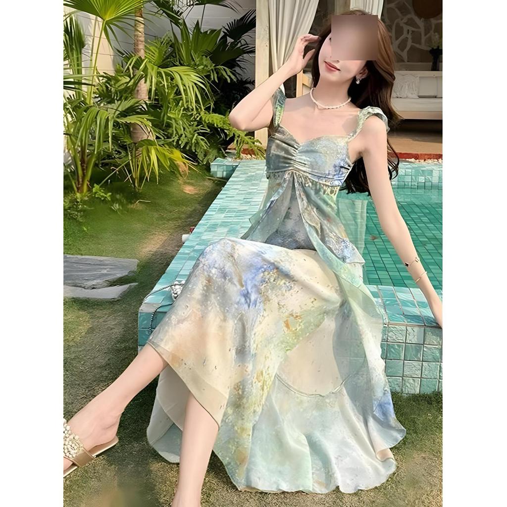 Dopamine Stunning Monet Garden Oil Painting Suspender Dress Women's Summer Seaside Vacation Unique Pinch Waist Tyndall Dress