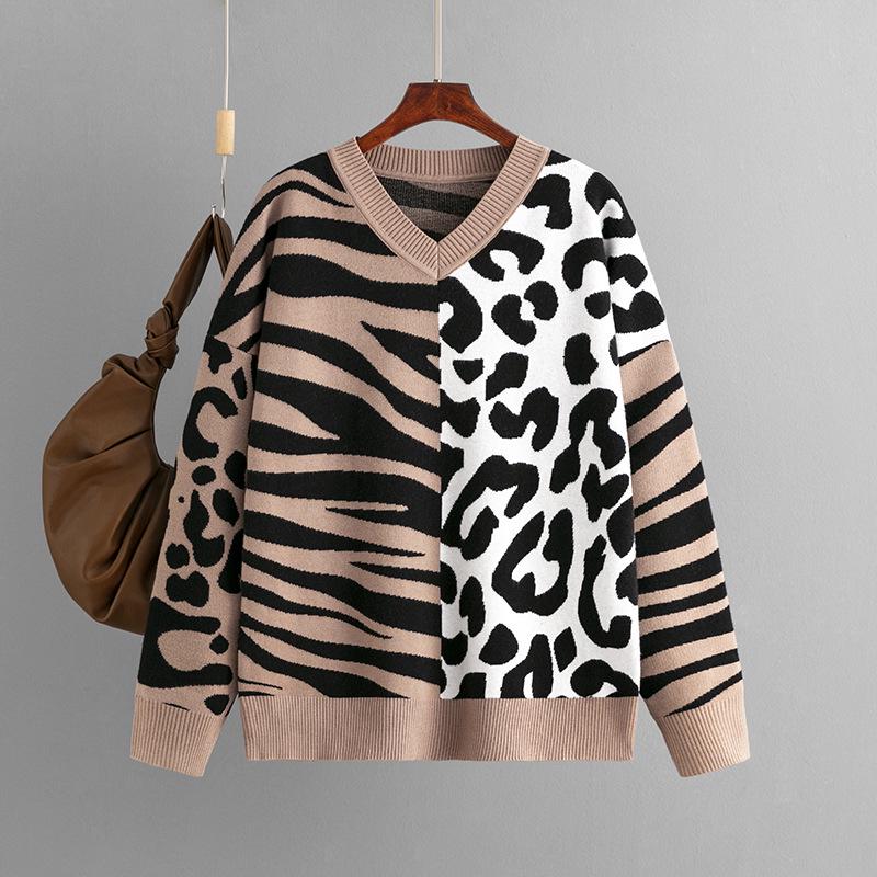 2023 Autumn/Winter Leopard Print Patchwork Knitwear Pullover Sweater