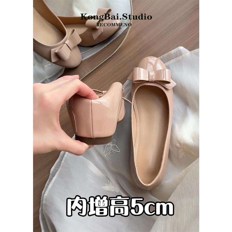 Small Inner Height Increase Nude Single Shoes Women's 2025 New Summer Bow Commuter Versatile Flat Ballet Shoes