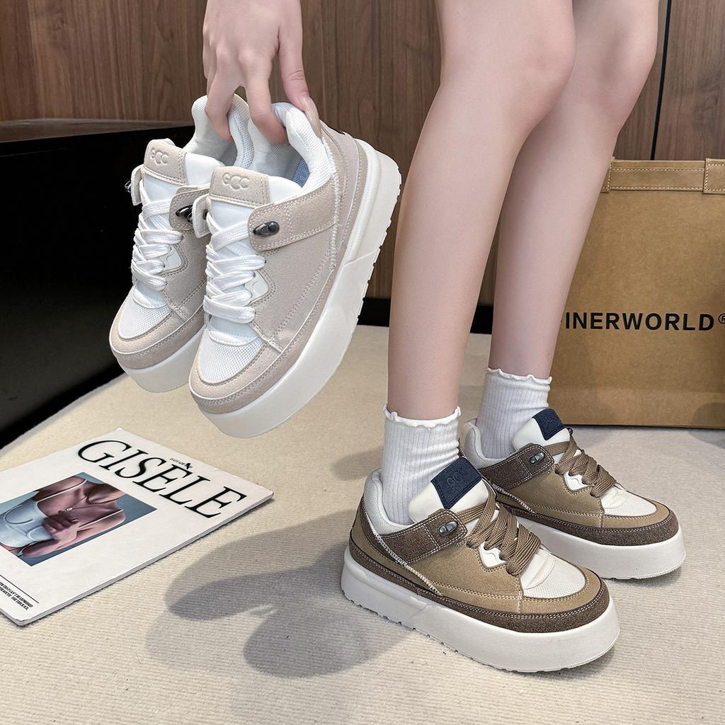 Fashion Thick Baseplate Shoes Women's Spring New Round Head Lace-up Sports Shoes Retro Casual Soft-soled Bread Shoes