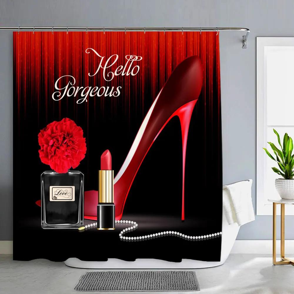 

Valentine S Day Shower Curtain, Rose High Heels Lipstick Perfume Bottle Black And White Striped Romantic Bath Mat Bathroom Decor W150xH180cm