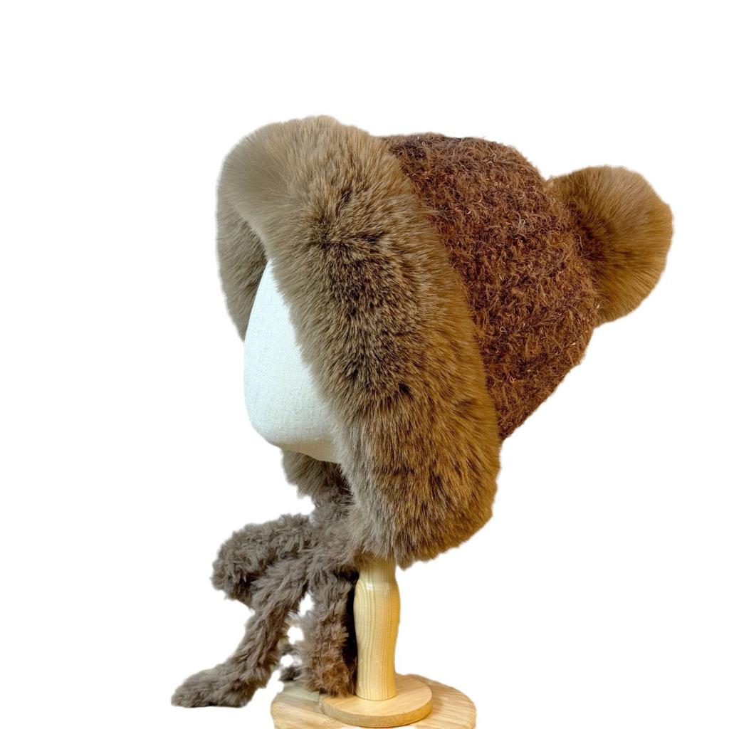 Winter Plush Brown Knitted Lei Feng Hat for Women Double Sided Velvet Warm Ear Protection Hat Versatile and Sweet Pullover