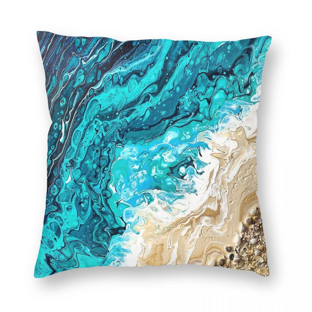 Turquoise Seashore Square Pillowcase Polyester Linen Velvet Pattern Zip Decor Room Cushion Cover Wholesale