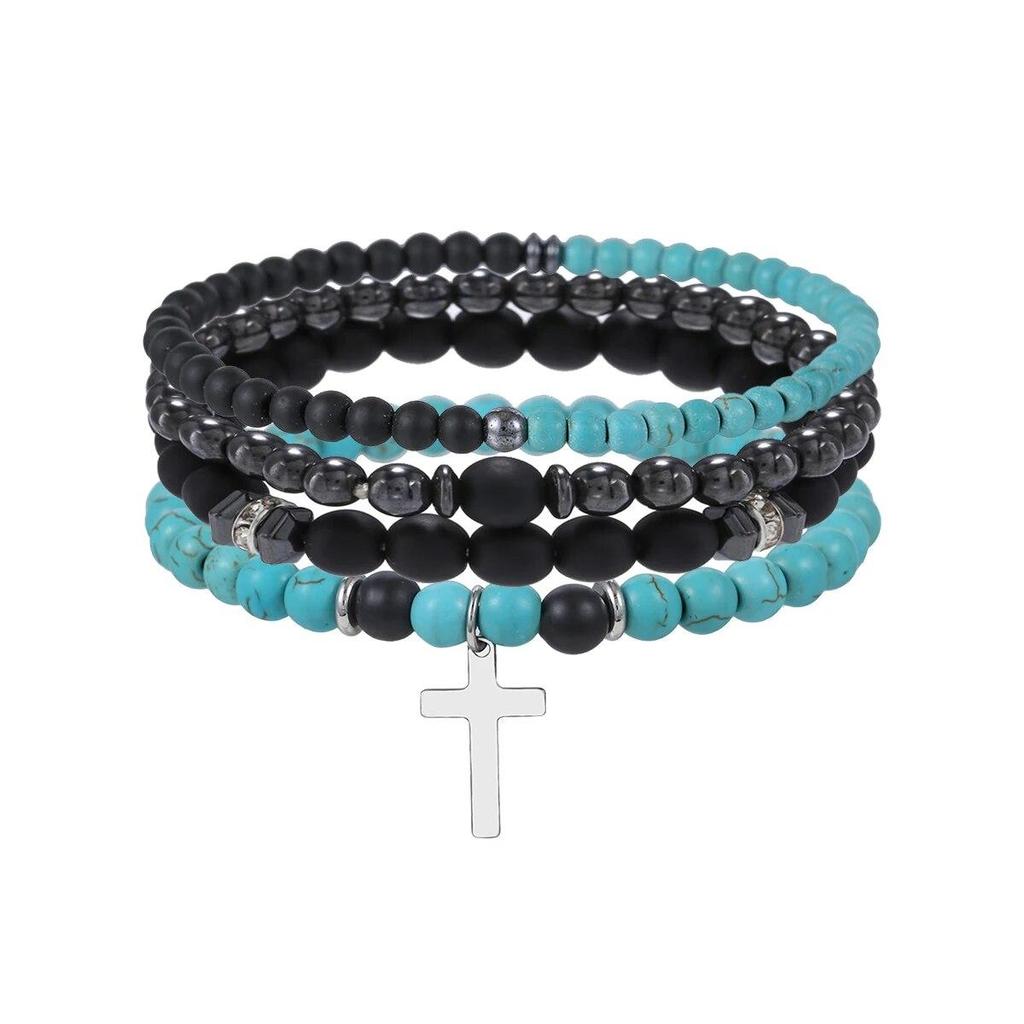 4Pcs/Set Black Gall Stone Volcanic Stone Wood Beads Multi-layer Men's Combination Elastic Bracelet For Couple Friends Jewelry