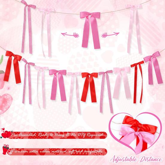 Valentine's Day Bow Garland for Bridal Shower Bachelorette Wedding Engagement Red Pink Ribbon Bow Banner for Mantle Wall Room Decor