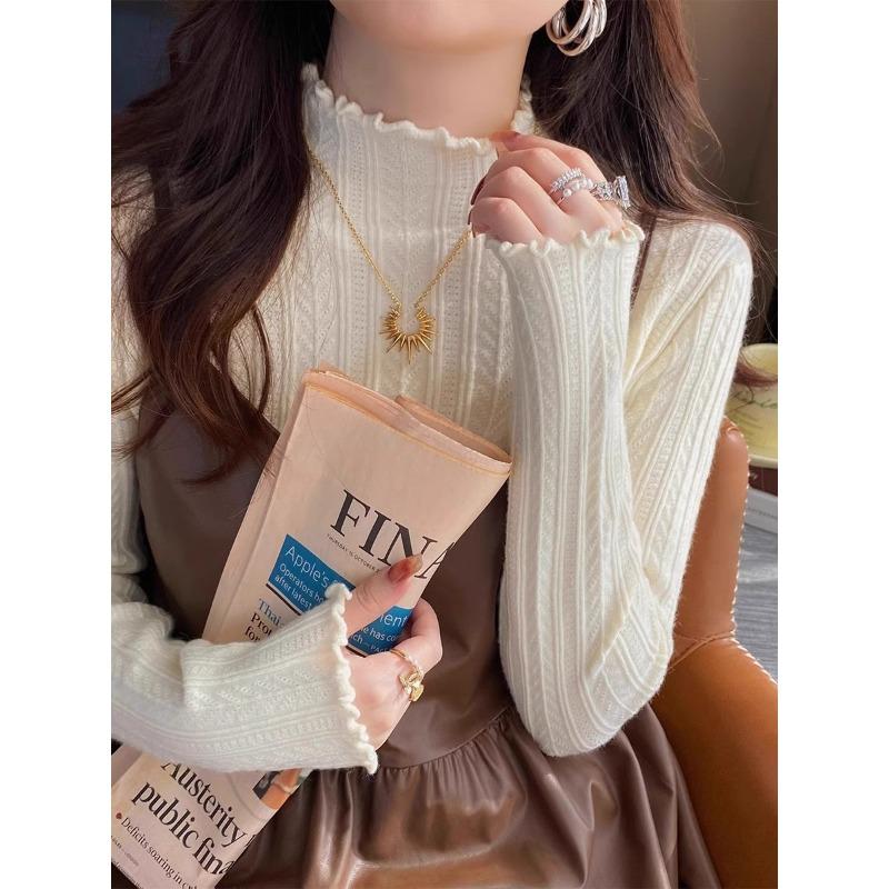 Spring Gentle Fungus Edge Semi-turtleneck Long-sleeved Sweater Femininity Slim and Thin Inner Top
