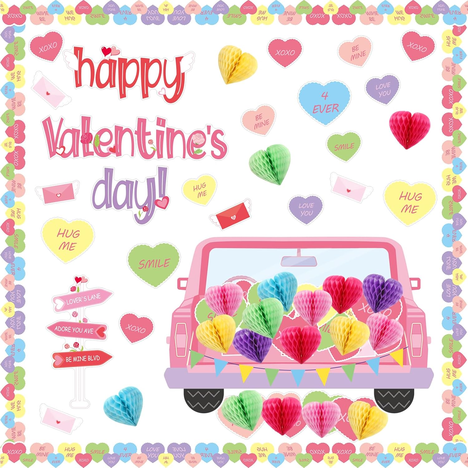 TaoBary 85 Pcs Valentine s Day Bulletin Board Set 3D Heart Honeycomb Owl Love Truck Bulletin Board Cutouts Valentine s Day Classroom Decorations for