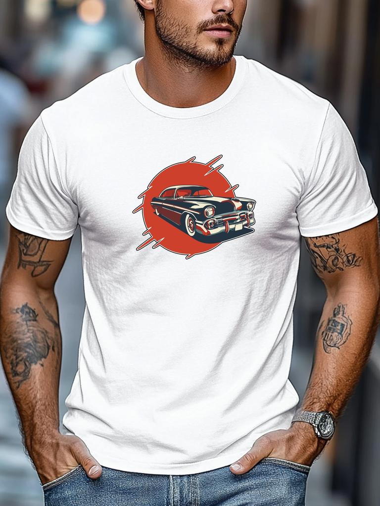 Mens Summer Retro TShirt Vintage Car Red Sun Print Short Sleeve Round Neck Breathable Oversized Classic Daily Wear