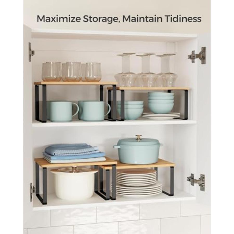 Cabinet Organizer Shelf Set of 4 Kitchen Counter Shelves Kitchen Storage Spice Rack Stackable Expandable Metal and Engineered W