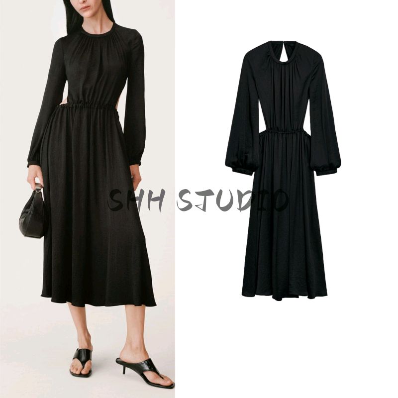 Summer Women's Clothing Vacation Style round Neck Puffy Long Sleeves Sexy Open Back Design Midi Skirt Dress 3309502