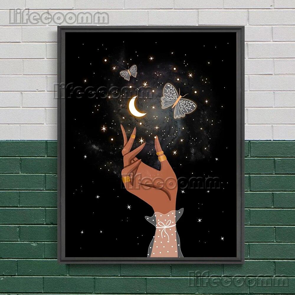 2023 księżycowa faza księżyca i magiczna ćma obraz ścienny na płótnie wąż, roślina, księżyc, elementy czarów plakat artystyczny dekoracja z nadrukiem bez ramki