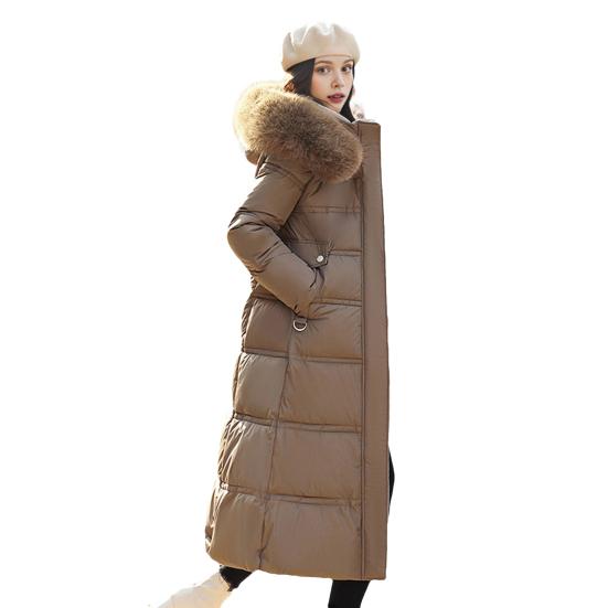 Winter Women Cotton Jacket with Hood Neck Protection Long Sleeves Pockets Mid-calf Length Zipper Closure Padded Coat Solid Color Windproof Outwear