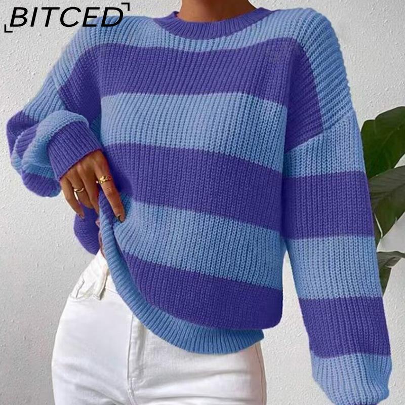 

BITCED Women s Influencer-Style Striped Knit Jumper Loose-Fit, Relaxed-Fit Long-Sleeved Pullover O-Neck Knit Sweater S фіолетовий/синій