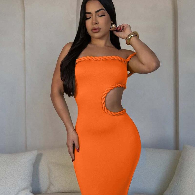 Women Sexy Off Shoulder Hollow Out Waist Exposed Slim Fit Bodycon Long Dress