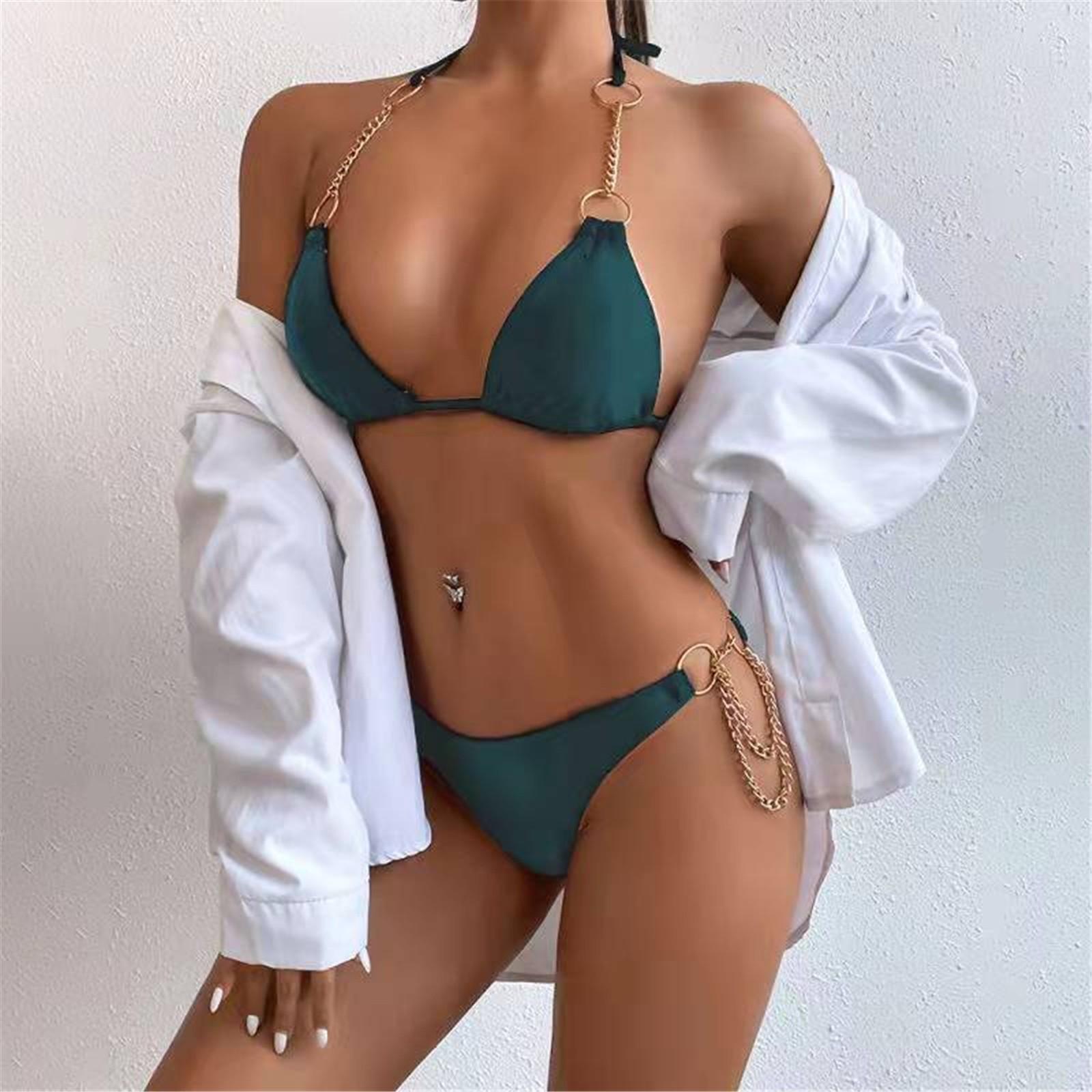 Women s Split Metal Chain Embellished Sexy Swimsuit / Printed Bikini L синий