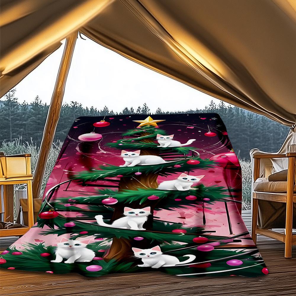 1pc Christmas Tree Cats Outdoor Flannel Blanket , Machine Washable Perfect Gift for Birthday , Holiday Travel Accessory , Durable Material