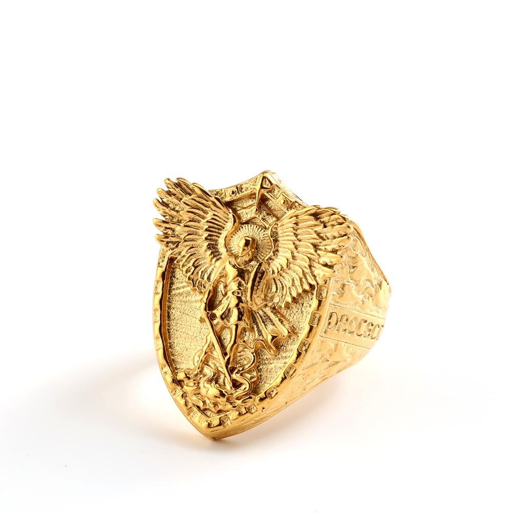 Vintage Stainless Steel Men's Ring Solid Punk St. Michael's Angel Dragon Slayer Ring