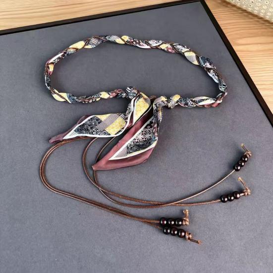 Retro Silky Scarf Jeans Belt Handcrafted Sustainable Waxed Cotton Rope Belt with Natural Wood Beads