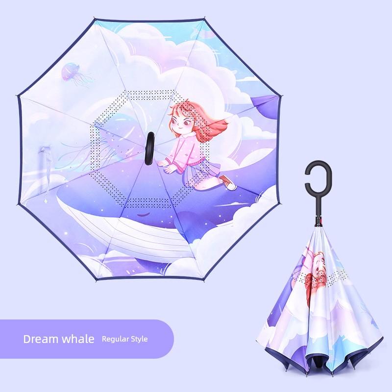 Umbrella, Reverse Umbrella, Double-Layer Hands-Free Long-Handled Children's Umbrella, Cute Cartoon Umbrella for Primary School Students, Rain or