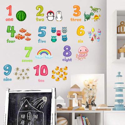 2Pcs/Set Number Wall Sticker Cartoon 1-10 Numbers Animal English Words Educational PVC Living Room Number Learning Wall Decal Kindergarten Supplies