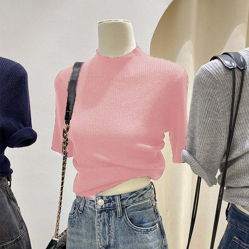 

Свитер для женщин Утепленный Теплый Вязаный Эластичный С коротким рукавом С высоким воротником Топы XXL розовый