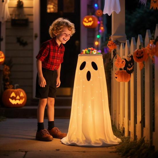 32" Lysende Spøkelse Godteriskål Stativ Utendørs Glødende Spøkelse Halloween-dekorasjon Søt Knask eller Knep Godteholder for Ytterdør Verandadekor