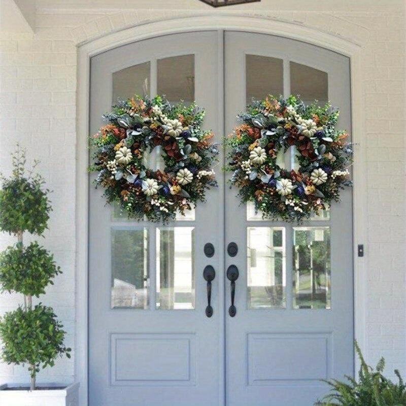 Hydrangea White Pumpkins Ranunculus Wreath for Front Door Hanging Ornament Thanksgiving Fall Home Decor Garland 3styles Option