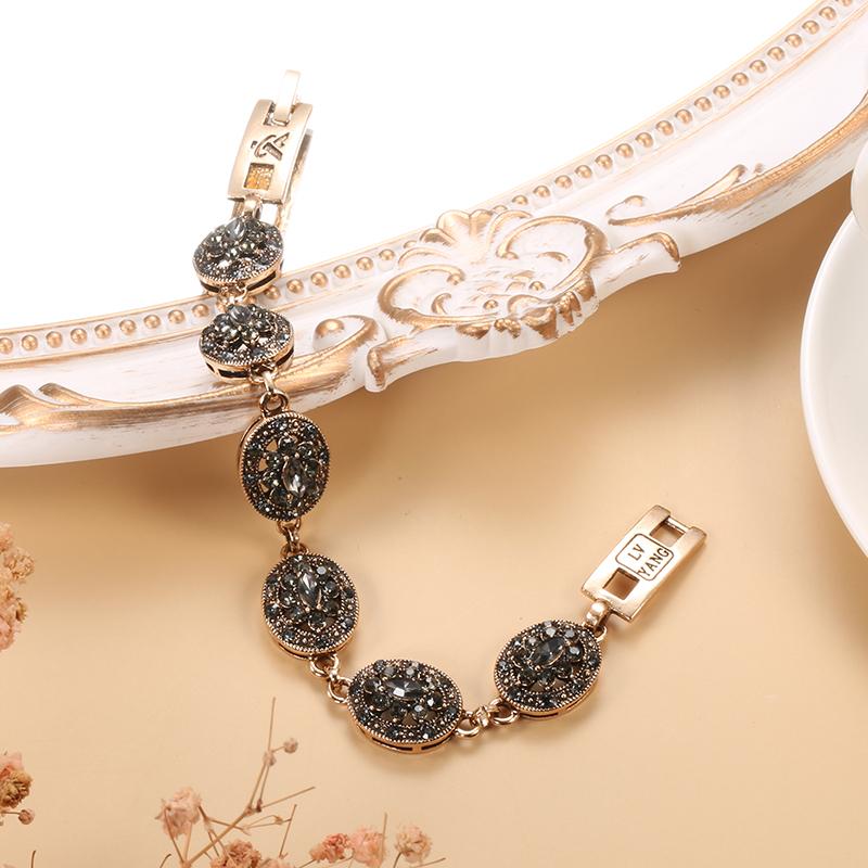 Kinel Charm Boho Women Link Bracelet Antique Gold Color Gray Crystal Ethnic Wedding Bridal Vintage Jewelry Russia Accessories