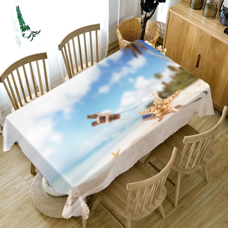 Conch Shell Seascape Pattern Resort Beach Tablecloth Thicken Cotton Rectangular Round Table Cloth For Wedding Picnic Party