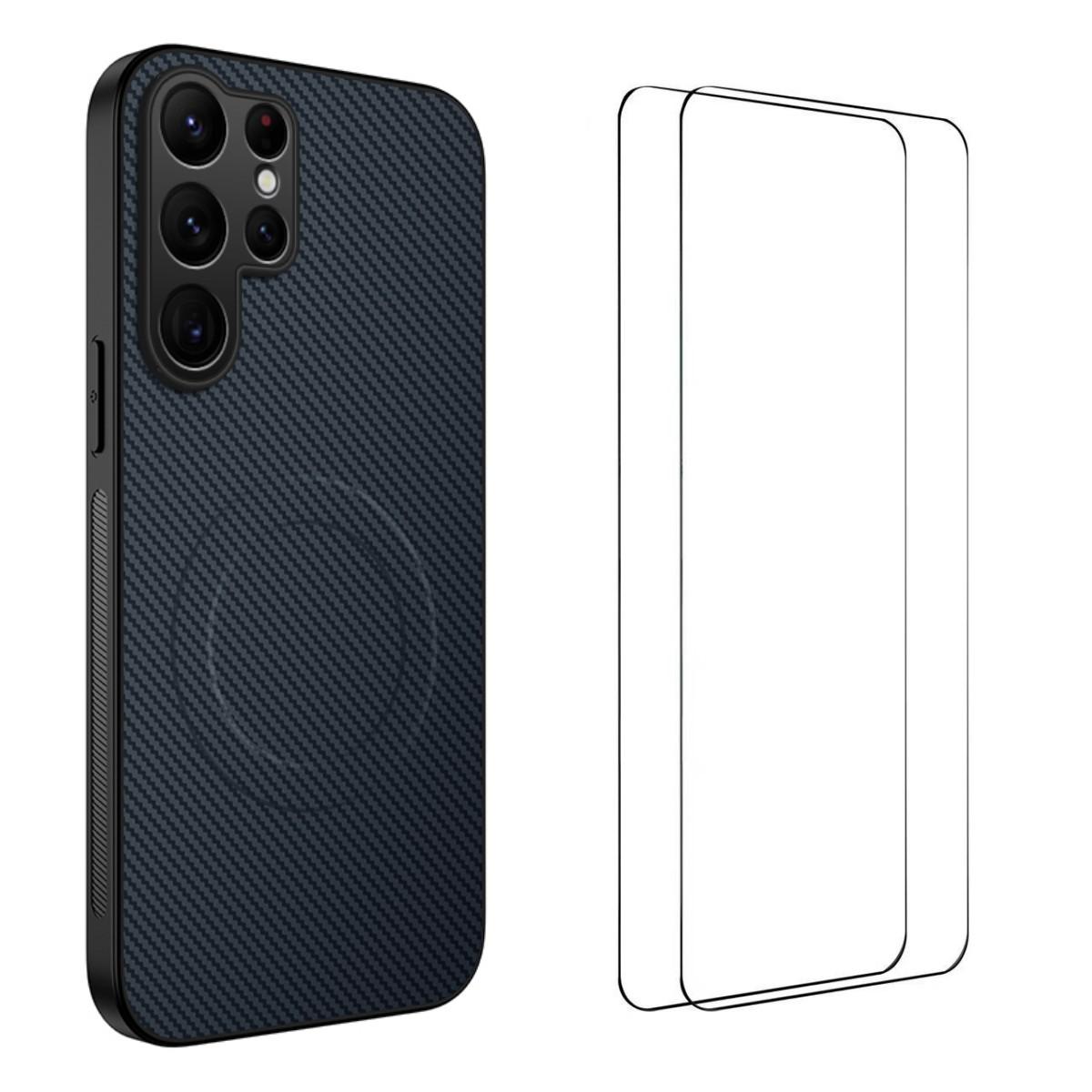 

Для Samsung Galaxy S25 Ultra Магнитный чехол WANLONFENG Серия TQ1 Текстура углеродного волокна PC TPU Чехол для телефона с 2 шт. защитных пленок Sapphire