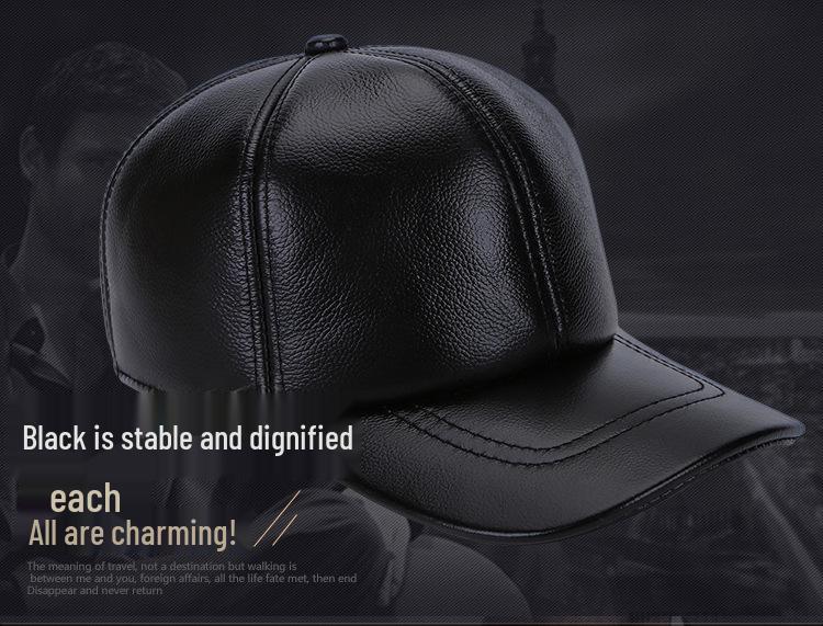 Genuine Leather Cowhide Baseball Cap with Ear Flaps, Adjustable Fleece-Lined Winter Duckbill Hat for Middle-Aged and Elderly Men.
