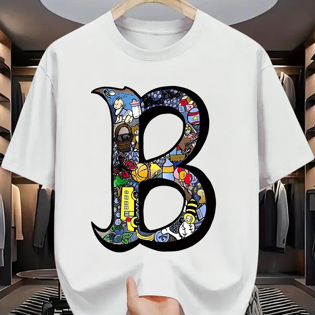 Letní pánské 100% bavlněné sportovně-ležérní módní volné nadměrné velikosti kreativní s potiskem písmena B kulatý výstřih krátký rukáv tričko top