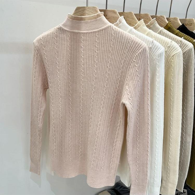Women's Lace High-Neck Knit Sweater Autumn/Winter Beaded Solid Color Knit Pullover Sweater Stretch Knit Base Shirt