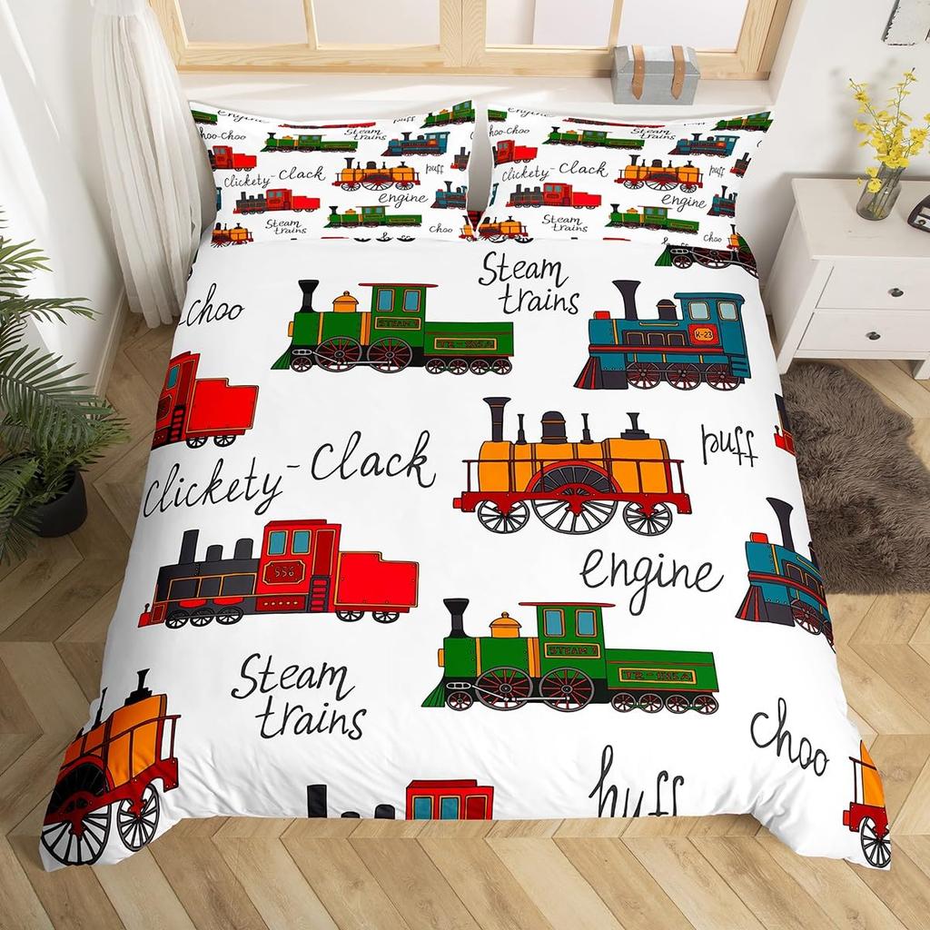 Cartoon Train Duvet Cover Set Black Trains Bedding Set Boys Teens Men Bedroom Single Double Comforter Cover Decor Quilt Covers