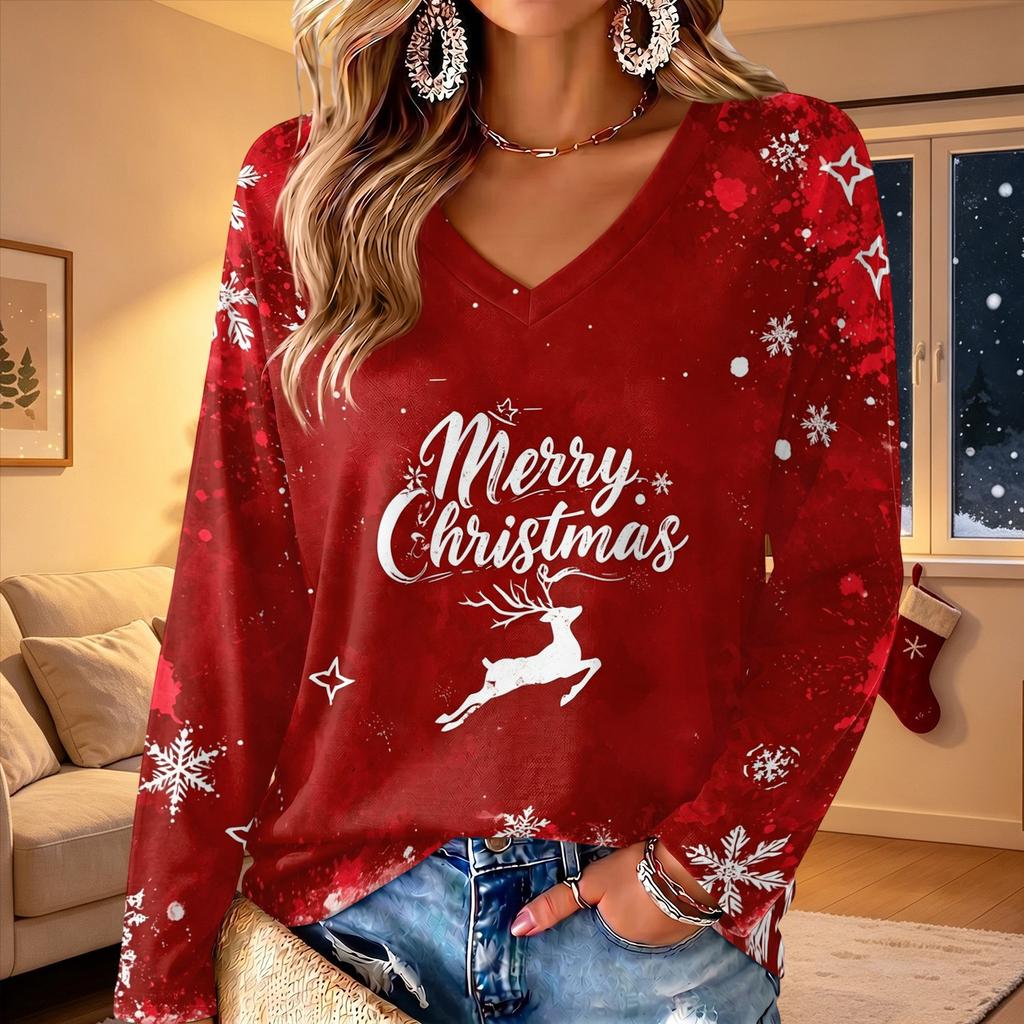 Women's V-Neck Long Sleeve Christmas Print Lightweight Blouse for Spring and Summer