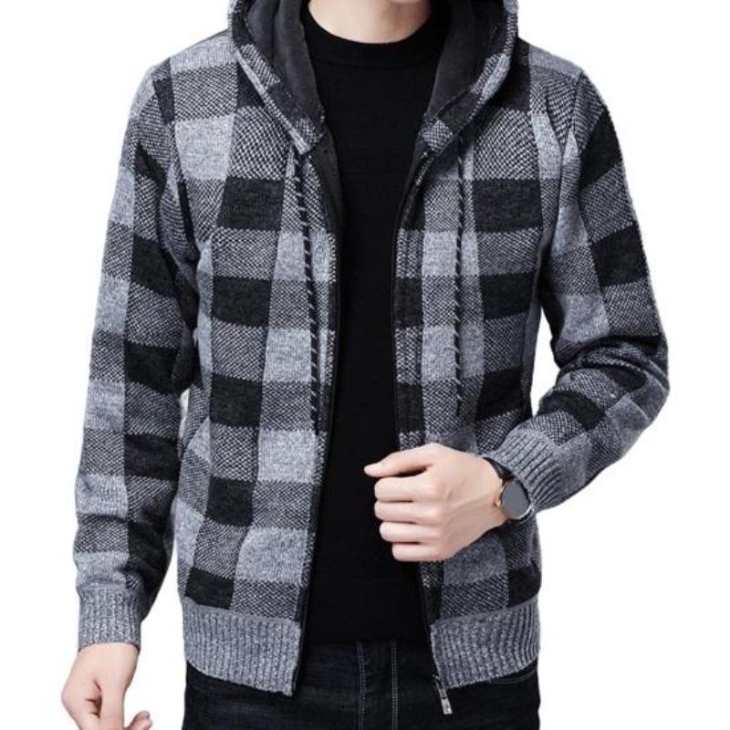

Yousheng Men Winter Cardigan Contrast Color Plaid Printing Hooded Drawstring Mid Length Jacket Thickened Knitted Long Sleeves Zipper Closure Coat XXXL сірий