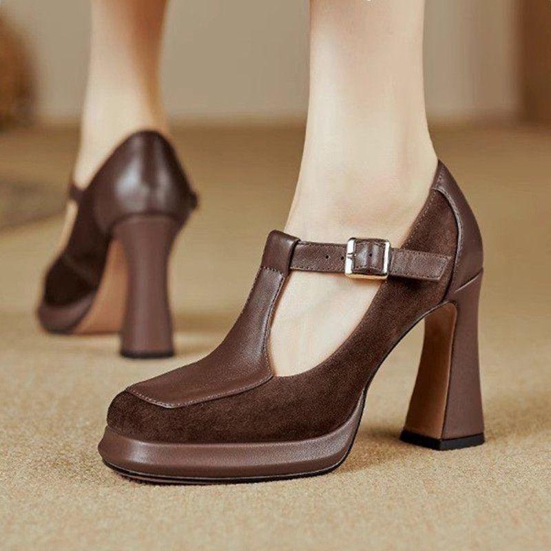 

Mary Jane shoes women s brown high heels spring and summer 2025 new thick heel with waterproof table square head single shoes women 39 коричневый