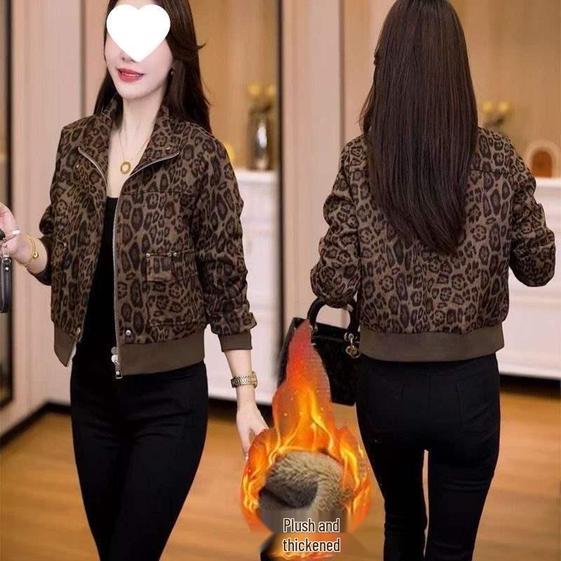 

2026 Autumn/Winter Women s Leopard Print Slim Fit Casual Jacket with Plus Velvet M