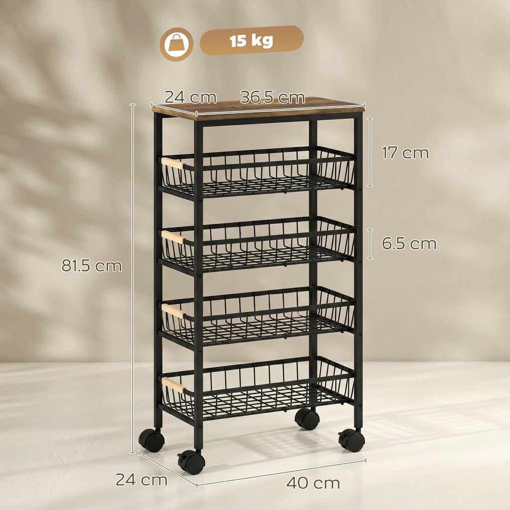 Metal Kitchen Trolley 4 Tier Storage Trolley With Pull Out Baskets And 4 Swivel Casters For Kitchen Rustic Brown