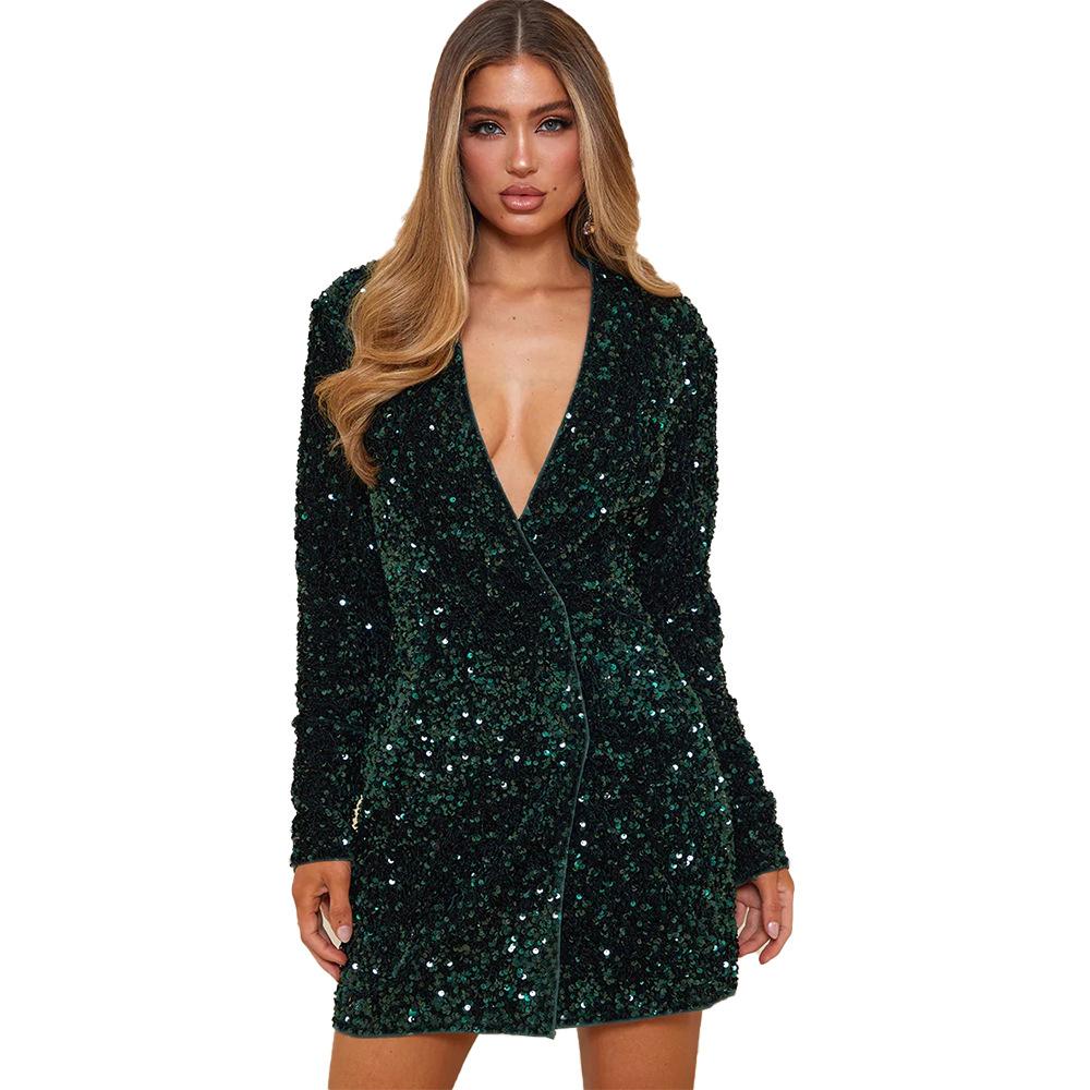 European and American women's clothing velvet sequined long-sleeved suit skirt temperament commuting waist hidden button long-sleeved skirt women's cl