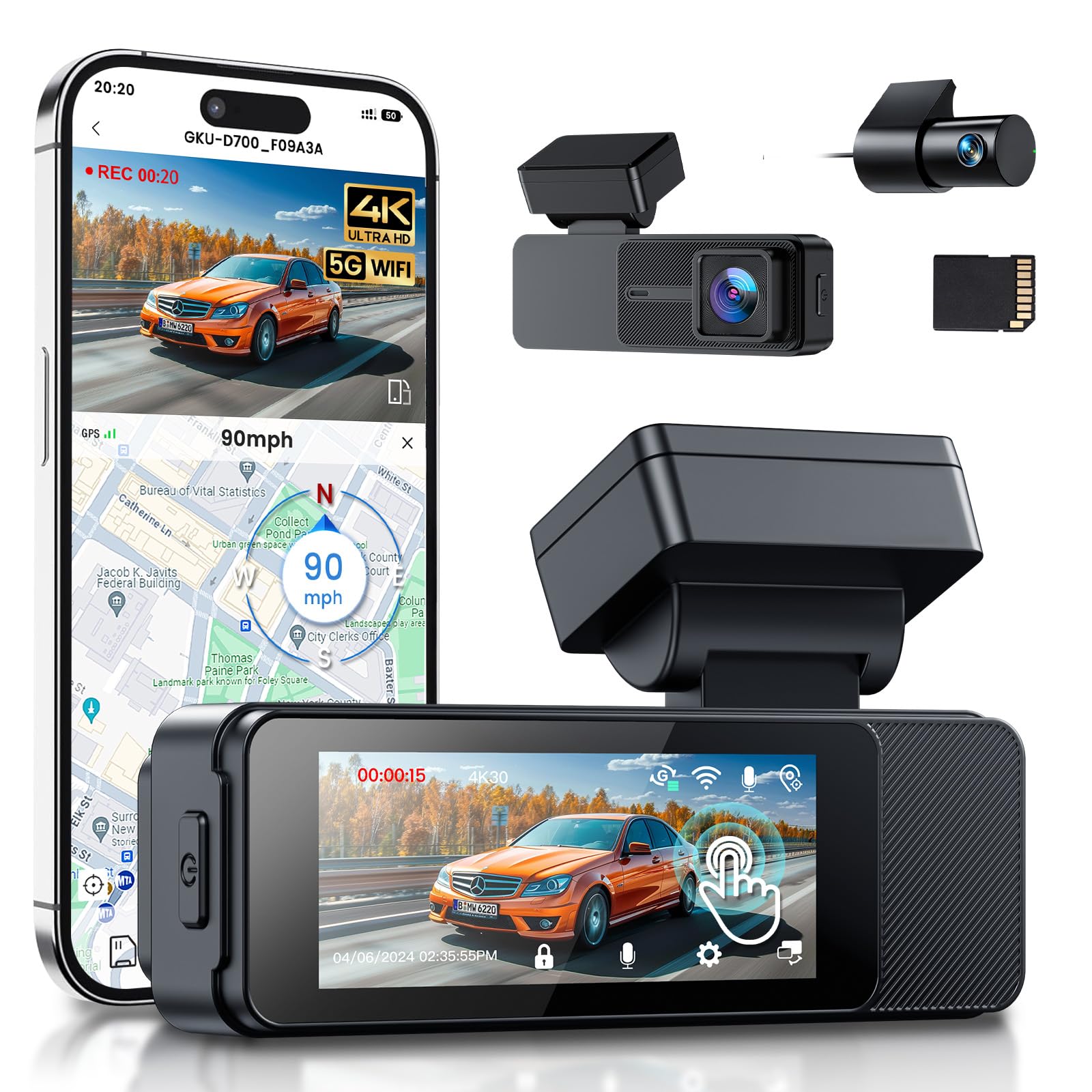 

GKU 2025 Touchscreen 4K Dash Cam with Fatigue LCD Front and Rear 8 LED Traffic Light Noise Night 64GB Card Parking Monitoring Dash Camera (4K+1080p)